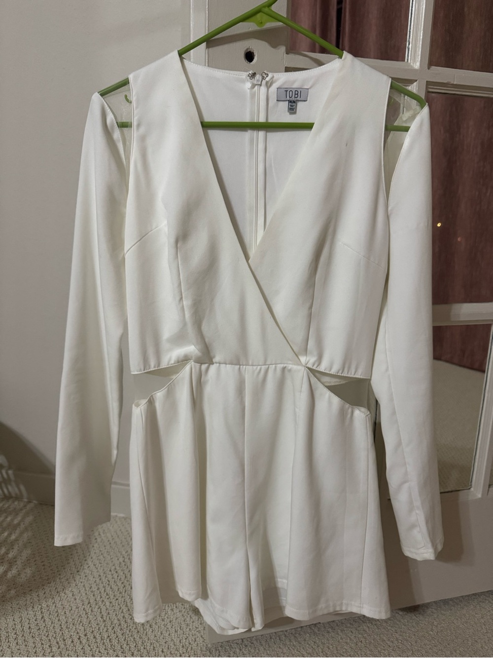 TOBI White Long-Sleeve V-Neck Romper with Cut Out